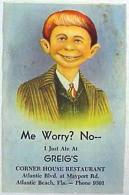 Pre-MAD Alfred Me Worry Postcard, Greigs Corner House Restaurant, Atlantic Beach, Florida